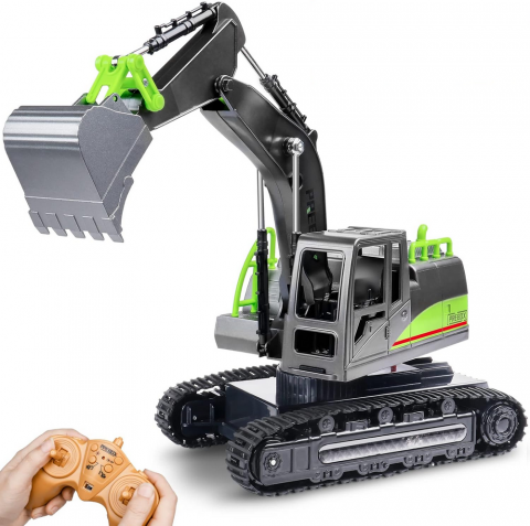 Jucării & Jocuri - Excavator cu telecomanda RC, Cupa Metalica,  lumini si sunete, scara 1/14 2.4Ghz, rotatie 360, jucarie ideala pentru baieti 4-12 ani, PREBOX, negru/verde