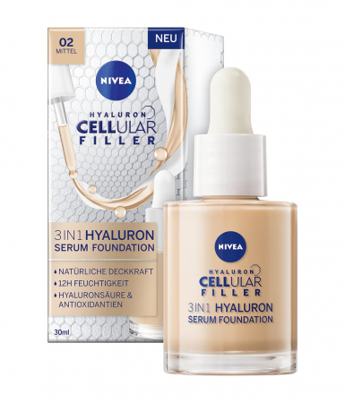 Fond de ten cu ser hialuronic mediu, Nivea Cellular Filler 3in1 Hyaluronic Serum Foundation 02 Medium, 30 ml [0]