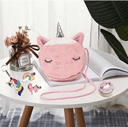 Geanta de umar cu unicorn pentru fetita, 17x17x3.5 cm, Plush, Roz inchis [1]