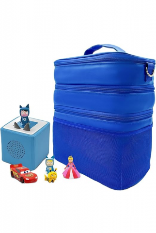 Casă, Grădină & Bricolaj - Geanta organizatoare pentru jucarii, cu 3 compartimente, ideala pentru Toniebox, Tigerbox, figurine audio, casti si accesorii, albastru/piele