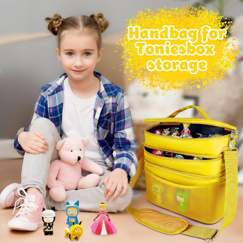 Geanta organizatoare pentru jucarii, cu 3 compartimente, ideala pentru Toniebox, Tigerbox, figurine audio, casti si accesorii, galben/piele [4]
