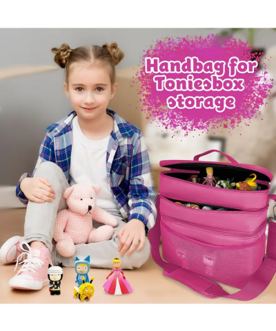 Geanta organizatoare pentru jucarii, cu 3 compartimente, ideala pentru Toniebox, Tigerbox, figurine audio, casti si accesorii, roz/textil [4]