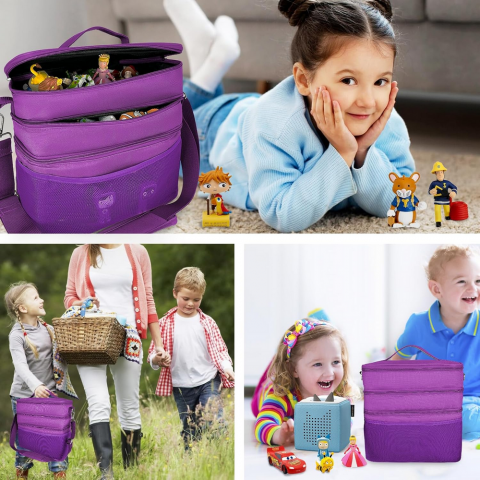 Geanta organizatoare pentru jucarii, cu 3 compartimente, ideala pentru Toniebox, Tigerbox, figurine audio, casti si accesorii, violet/Piele [3]
