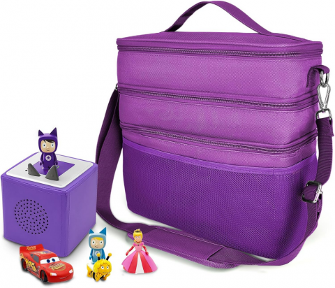 Casă, Grădină & Bricolaj - Geanta organizatoare pentru jucarii, cu 3 compartimente, ideala pentru Toniebox, Tigerbox, figurine audio, casti si accesorii, violet/Piele