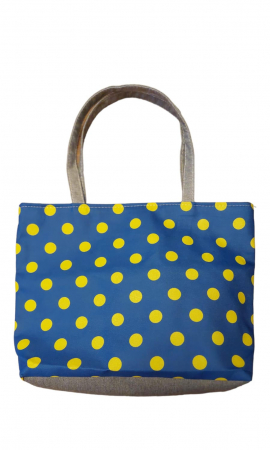 Îmbrăcăminte Femei - Geanta plaja, 40x31 cm, Albastru cu buline galbene, 100% bumbac