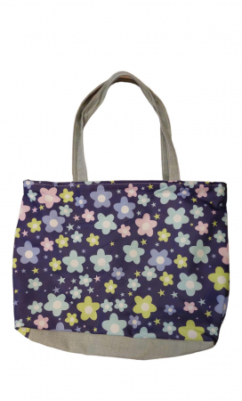 Sport & Travel - Geanta plaja, 40x31 cm, Albastru cu flori multicolore, 100% bumbac