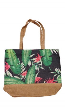 Sport & Travel - Geanta plaja, 44x35 cm, Imprimeu plante si frunze tropicale, 100% bumbac
