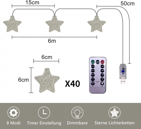 Ghirlanda luminoasa decorativa LED, lungime 6 m, 20 becuri, luminite stele cu telecomanda, galben [2]
