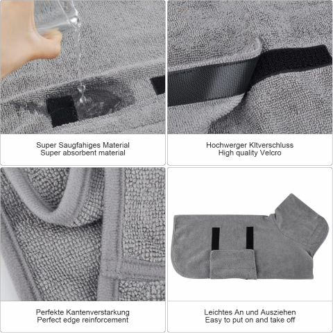 Halat de baie din microfibră pentru câini, cu închidere Velcro, gri, marime M [2]