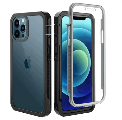 Huse telefoane - Husă BESINPO pentru iPhone 12 Pro Max, 6.7 inch, Protecție 360° cu Ecran Integrat, Rezistentă la Șocuri și Zgârieturi, Negru Transparent