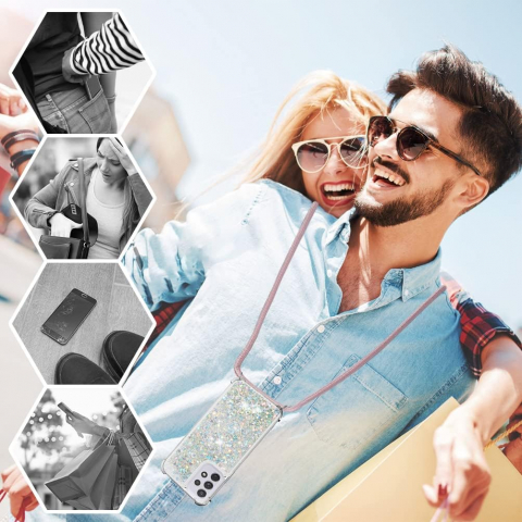 Husa cu lichid si sclipici 3D, Mkej, cu snur, pentru Samsung Galaxy A33 5G, Roz Auriu [4]