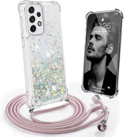 Husa cu lichid si sclipici 3D, Mkej, cu snur, pentru Samsung Galaxy A33 5G, Roz Auriu [0]