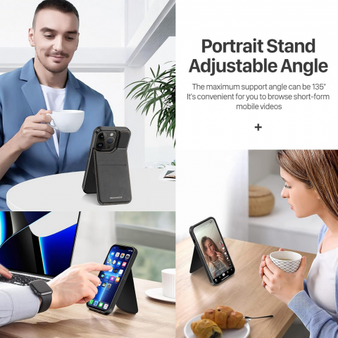 Husă din Piele pentru iPhone 13 Pro (6.1"), cu Suport, Sloturi Card și Protecție RFID, Compatibilă cu MagSafe, DUX DUCIS, Neagră [1]
