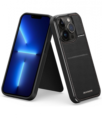 Huse, Folii & Accesorii Telefoane - Husă din Piele pentru iPhone 13 Pro (6.1"), cu Suport, Sloturi Card și Protecție RFID, Compatibilă cu MagSafe, DUX DUCIS, Neagră