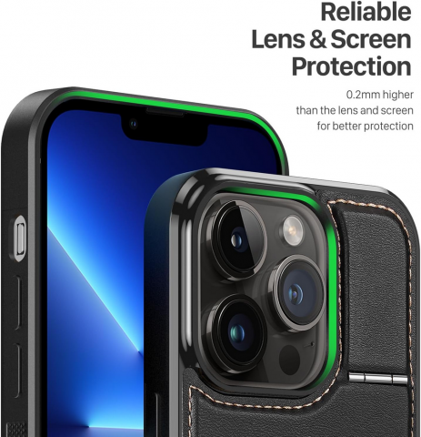 Husă din Piele pentru iPhone 13 Pro (6.1"), cu Suport, Sloturi Card și Protecție RFID, Compatibilă cu MagSafe, DUX DUCIS, Neagră [4]