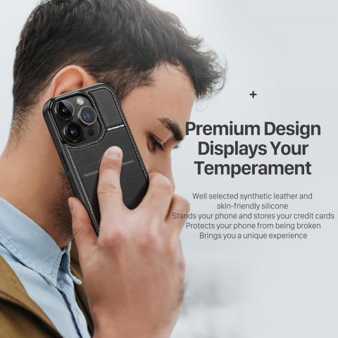 Husă din Piele pentru iPhone 15 Pro Max/Ultra (6.7"), cu Suport, Sloturi Card și Protecție RFID, Compatibilă cu MagSafe, DUX DUCIS, Neagră [8]