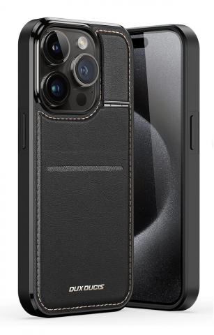 Huse, Folii & Accesorii Telefoane - Husă din Piele pentru iPhone 15 Pro Max/Ultra (6.7"), cu Suport, Sloturi Card și Protecție RFID, Compatibilă cu MagSafe, DUX DUCIS, Neagră