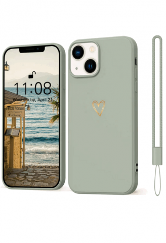 Huse, Folii & Accesorii Telefoane - Husă din Silicon Mitetabo pentru iPhone 15, Cu Inimă Aurie Printată, Subțire, Rezistentă la Zgârieturi, Verde Cupru, 3805