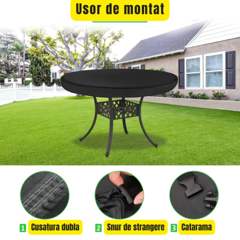 Husa masa rotunda, Φ124x10 cm, Impermeabila, Oxford 420D, anti-UV, rezistenta la ploi, zapada si praf, neagra [5]