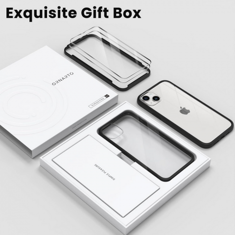 Husă ORNARTO Compatibilă cu iPhone 14 Plus 6.7", Tip Bumper cu 2 Folii de Protecție, Gel de Silicon Lichid, Protecție Completă, Spate Transparent Detașabil, Negru [5]