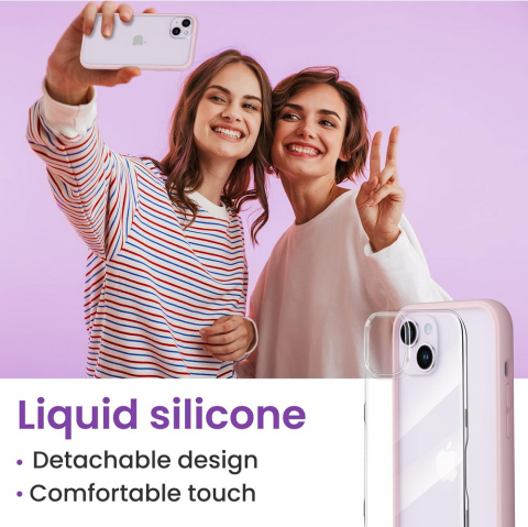 Husă ORNARTO Compatibilă cu iPhone 14 Plus 6.7", Tip Bumper cu 2 Folii de Protecție, Gel de Silicon Lichid, Protecție Completă, Spate Transparent Detașabil, roz [4]