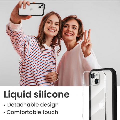 Husă ORNARTO Compatibilă cu iPhone 14 Plus 6.7", Tip Bumper cu 2 Folii de Protecție, Gel de Silicon Lichid, Protecție Completă, Spate Transparent Detașabil, Negru [4]