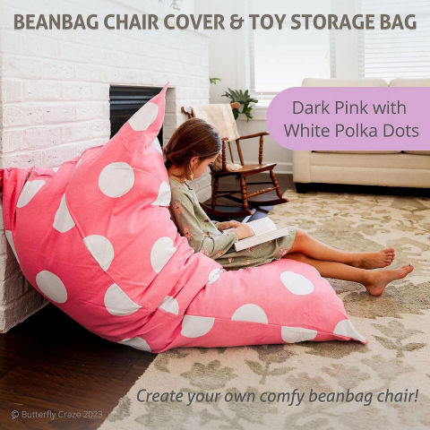 Husa pentru fotoliu tip Bean Bag Butterfly Craze – Organizator de jucarii pentru copii, model roz cu buline albe [1]