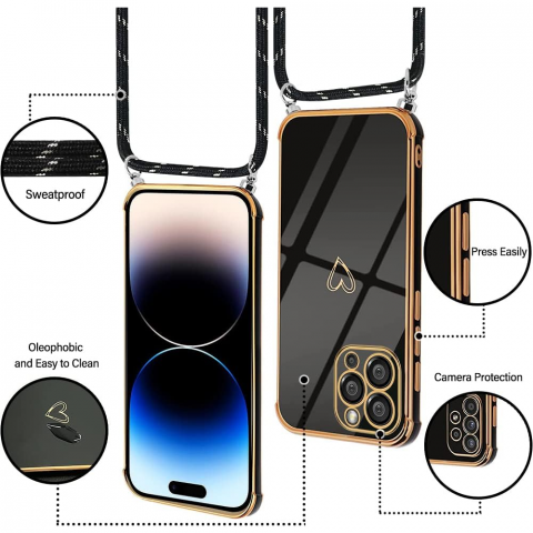Husa pentru iPhone 15 Pro Max cu Snur – Model Inima, Silicon Electroplacat, Protectie Eleganta si Practica [1]