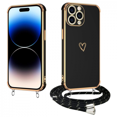 Huse, Folii & Accesorii Telefoane - Husa pentru iPhone 15 Pro Max cu Snur – Model Inima, Silicon Electroplacat, Protectie Eleganta si Practica