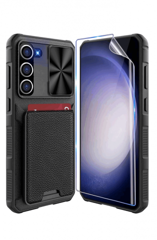 Huse, Folii & Accesorii Telefoane - Husa pentru telefon mobil Samsung Galaxy S23 6,1 inch, cu folie de protectie,  din piele cu bara de protectie rezistenta la socuri, neagra, XTO4R