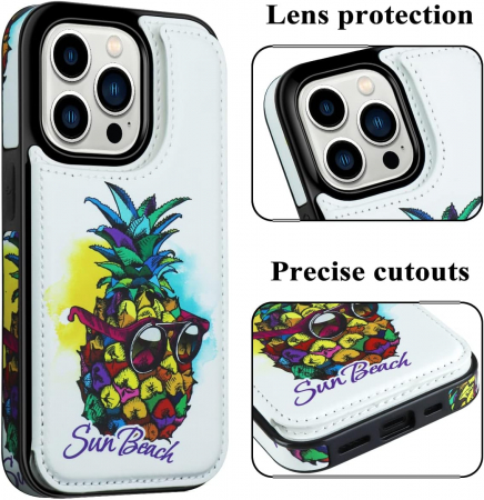 Husa Protectoare pentru iPhone 14 cu Suport pentru Carduri si Functie Stand, Ananas cu Ochelari, doar modelul 6.1 inches [4]