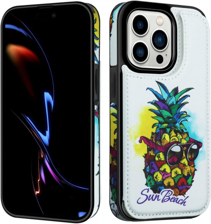 Huse telefoane - Husa Protectoare pentru iPhone 14 cu Suport pentru Carduri si Functie Stand, Ananas cu Ochelari, doar modelul 6.1 inches