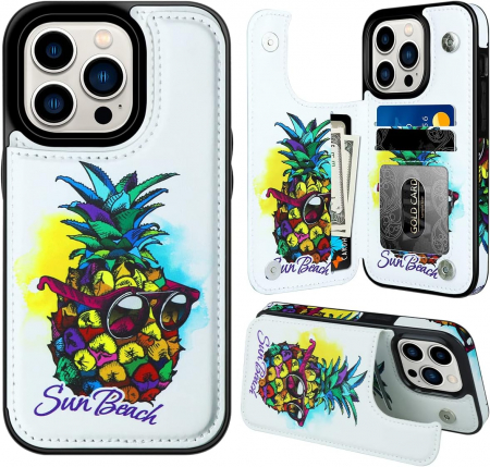 Husa Protectoare pentru iPhone 14 cu Suport pentru Carduri si Functie Stand, Ananas cu Ochelari, doar modelul 6.1 inches [3]