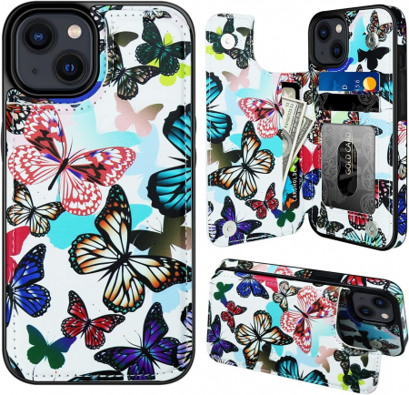 Husa Protectoare pentru iPhone 14 cu Suport pentru Carduri si Functie Stand, Fluturi Colorati, doar modelul 6.1 inches [1]