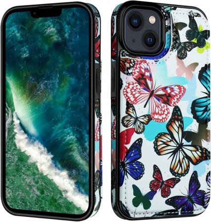 Huse telefoane - Husa Protectoare pentru iPhone 14 cu Suport pentru Carduri si Functie Stand, Fluturi Colorati, doar modelul 6.1 inches