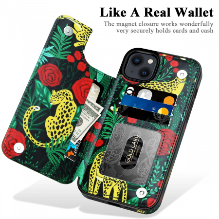 Husa Protectoare pentru iPhone 14 cu Suport pentru Carduri si Functie Stand, Leopard si Trandafiri, doar modelul 6.1 inches [2]