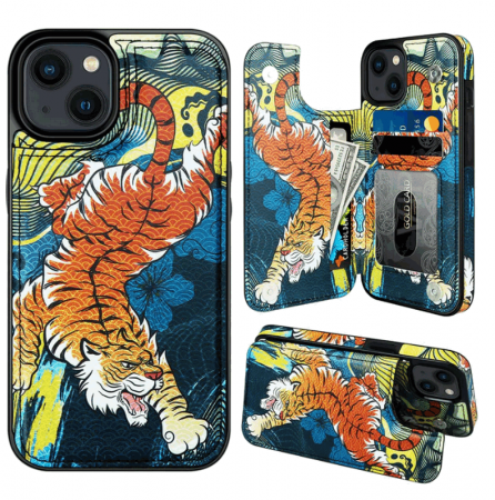 Huse telefoane - Husa Protectoare pentru iPhone 14 cu Suport pentru Carduri si Functie Stand,Tigru, doar modelul 6.1 inches