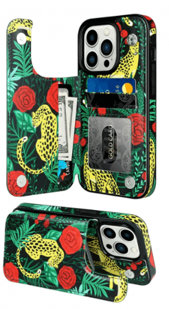 Huse telefoane - Husa Protectoare pentru iPhone 14 Pro cu Suport pentru Carduri si Functie Stand, Leopard si Trandafiri, doar modelul 6.1 inch