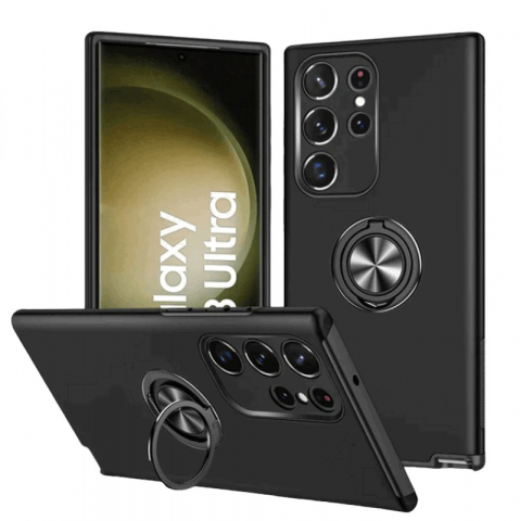 Huse, Folii & Accesorii Telefoane - Husă telefon Holilo pentru Samsung Galaxy S23 Ultra 5G, cu suport metalic rotativ 360 de grade, Negru mat