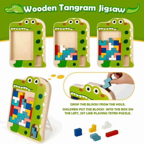 Joc de inteligenta, din lemn, multicolor, puzzle cuburi de constructie, multicolor, crocodil [1]