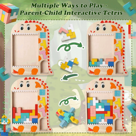 Joc de inteligenta, din lemn, multicolor, puzzle cuburi de constructie, multicolor, dinozaur [2]