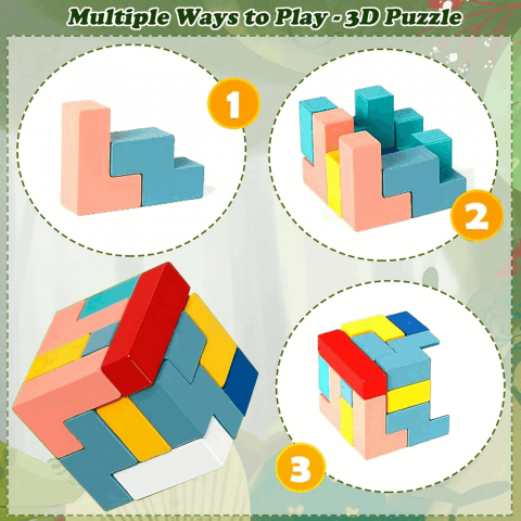 Joc de inteligenta, din lemn, multicolor, puzzle cuburi de constructie, multicolor, dinozaur [4]