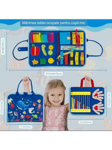 Jucarie carte senzoriala interactiva, Montessori, 8 in 1, 2-6 ani, ARANEE Busy Board, albastru [1]