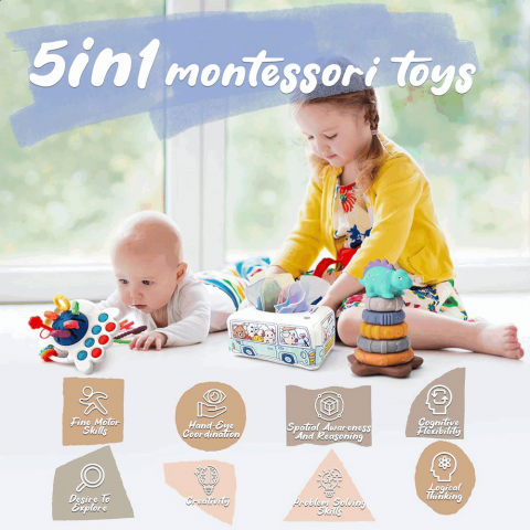 Jucarie educativa Montessori, set 5 in 1, interactiva, pentru bebelusi si copii, de la 6 luni, pentru dezvoltare senzoriala, dentitie, Multicolor [1]