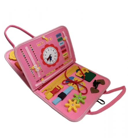 Copii & Bebe - Jucarie interactiva senzoriala, Kimimara Busy Board textil, Montessori, Carte tip gentuta, tabla de invatare, Pentru calatorit, Roz, QSOTH