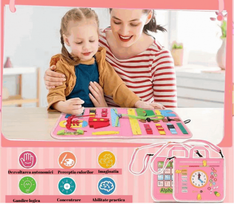 Jucarie interactiva senzoriala, Kimimara Busy Board textil, Montessori, Carte tip gentuta, tabla de invatare, Pentru calatorit, Roz, QSOTH [2]