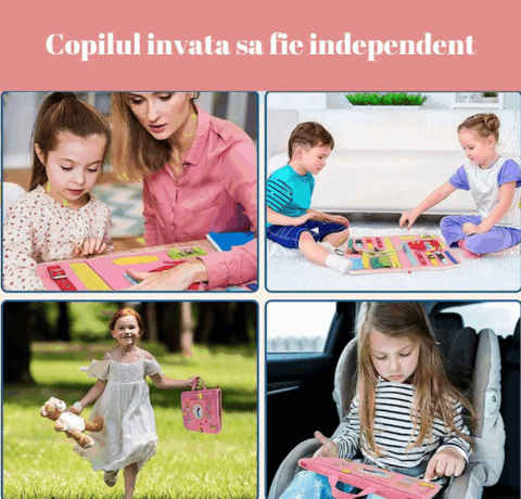 Jucarie interactiva senzoriala, Kimimara Busy Board textil, Montessori, Carte tip gentuta, tabla de invatare, Pentru calatorit, Roz, QSOTH [4]