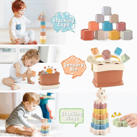 Jucarii Montessori 4-în-1 pentru Bebeluşi, Cutie de Sortare a Formelor cu 5 Blocuri, 10 Cupe stivuibile,Crab multifuncional, Labedi [3]