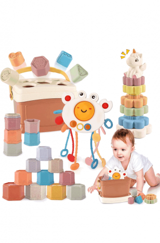 Copii & Bebe - Jucarii Montessori 4-în-1 pentru Bebeluşi, Cutie de Sortare a Formelor cu 5 Blocuri, 10 Cupe stivuibile,Crab multifuncional, Labedi