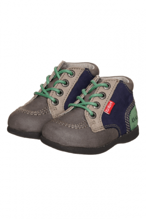Îmbrăcăminte & Încălțăminte - Kickers Babystan, pantofi de mers pentru bebeluși unisex, Gri cu accente verzi si albastre18 EU
